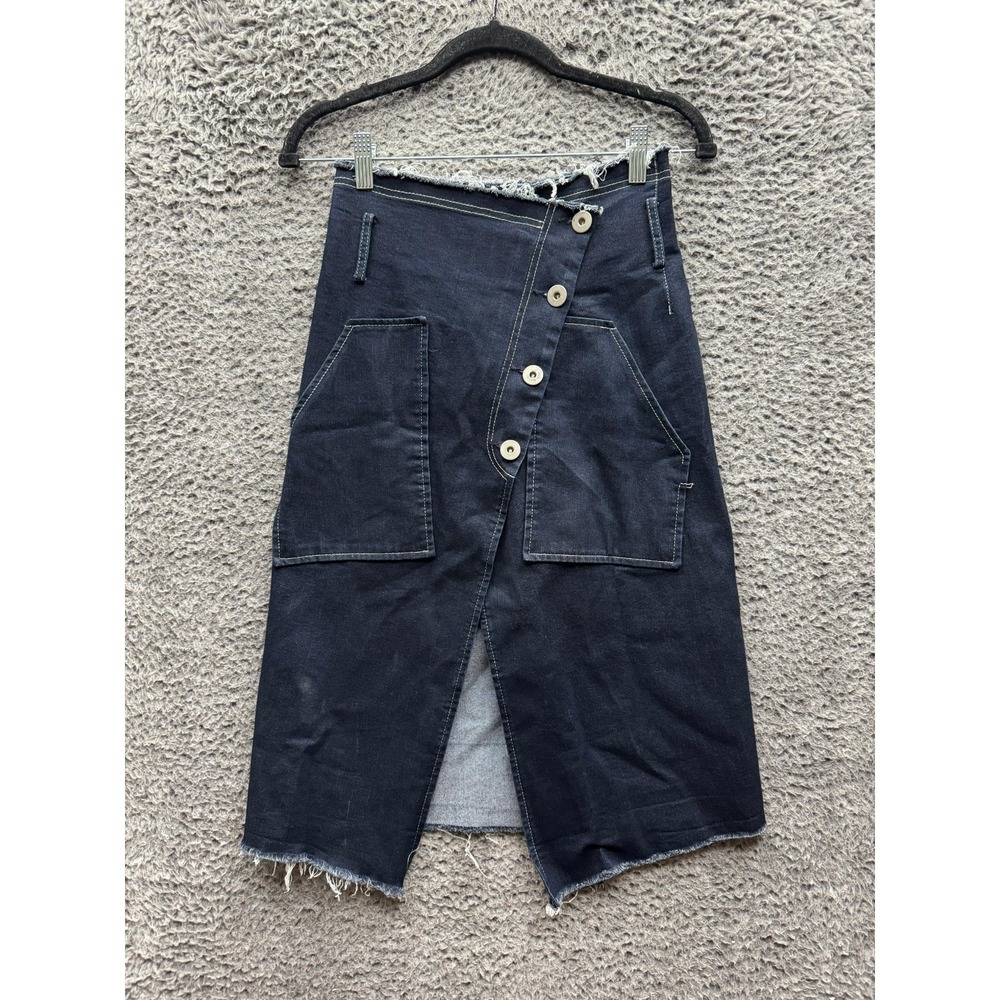 Low Classic Asymmetric Button Raw Hem Denim Midi Skirt Indigo Womens Size S